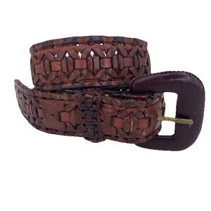 Vintage Boho Womens Leather Belt Size 22"-28" Brown Braided Woven Leather 1.5"W